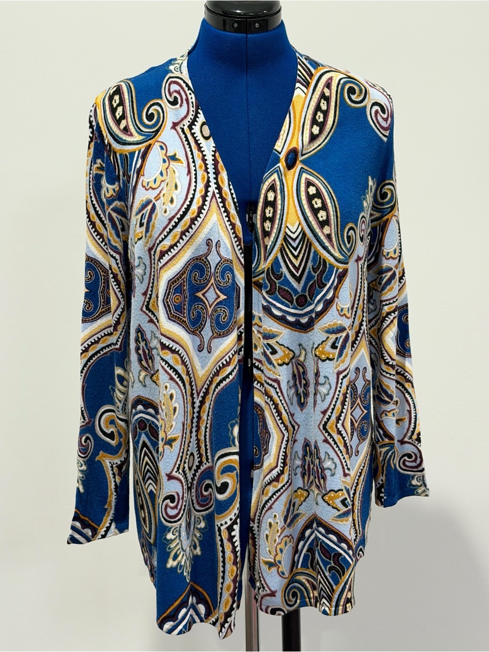 Chico's Blue Paisley Open-Front Cardigan with Gold & Black Accents